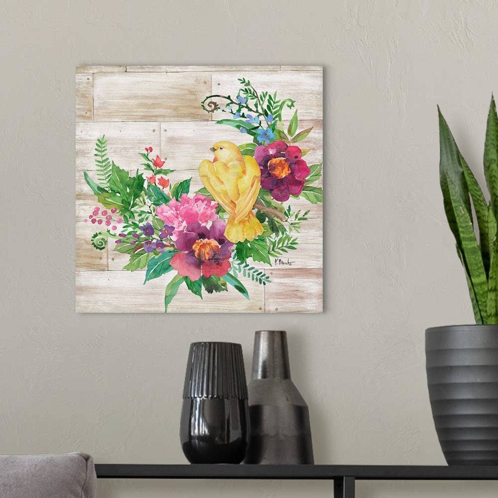 A modern room featuring Square decor with watercolor painted flowers and a yellow bird on a faux wood background.