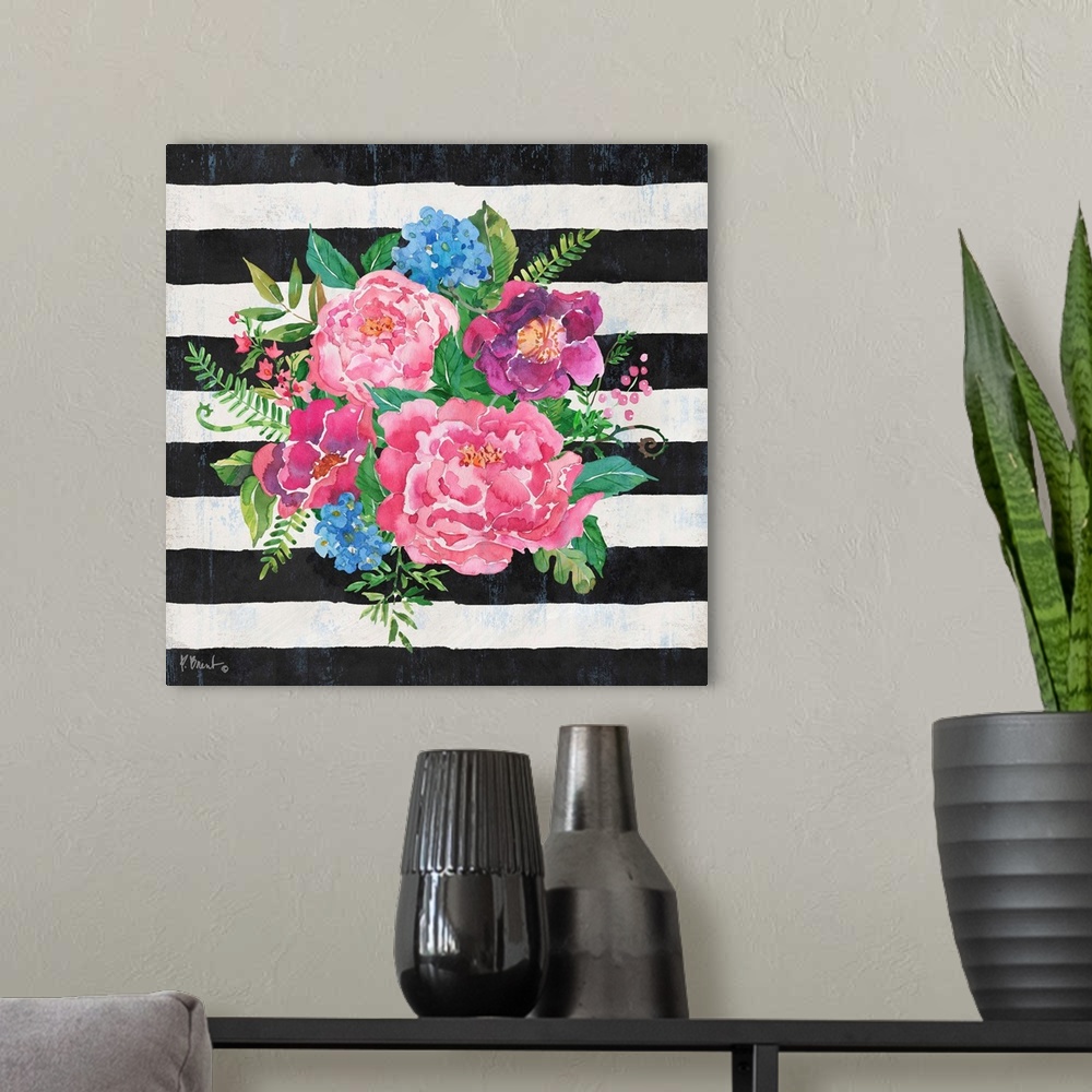 A modern room featuring Square decor with a watercolor painted bouquet of flowers on a black and white striped background.