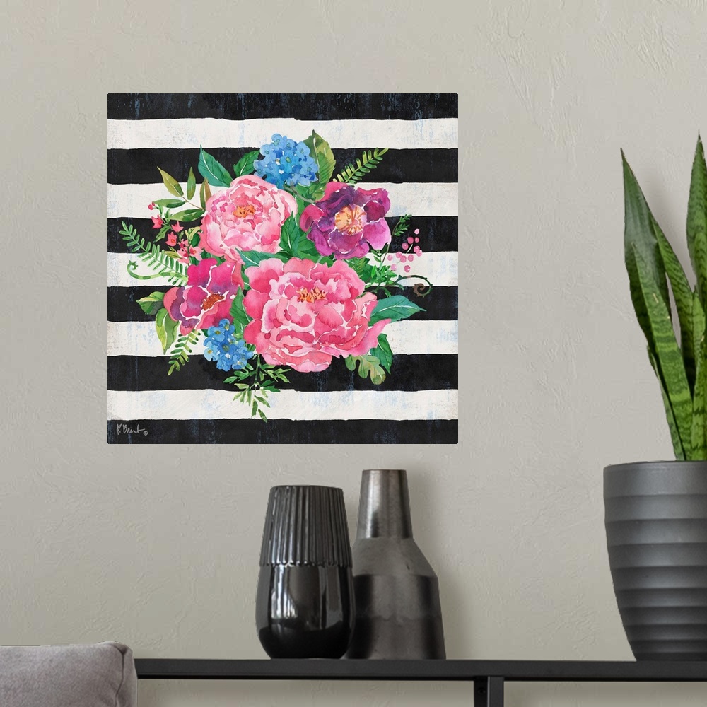 A modern room featuring Square decor with a watercolor painted bouquet of flowers on a black and white striped background.