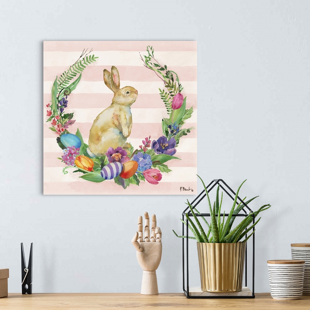 A bohemian room featuring Spring decor with a watercolor painted bunny in the center of a floral and leafy wreath with East...