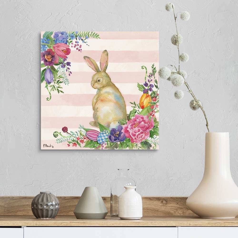 A farmhouse room featuring Spring decor with a watercolor painted bunny surrounded by Spring flowers and Easter eggs on a li...