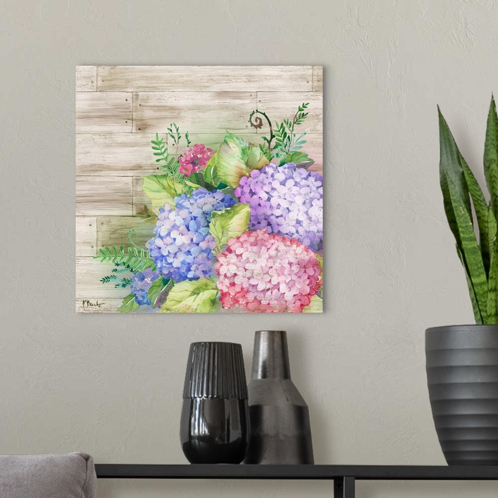 A modern room featuring Square decor with watercolor painted hydrangeas on a faux wood plank background.