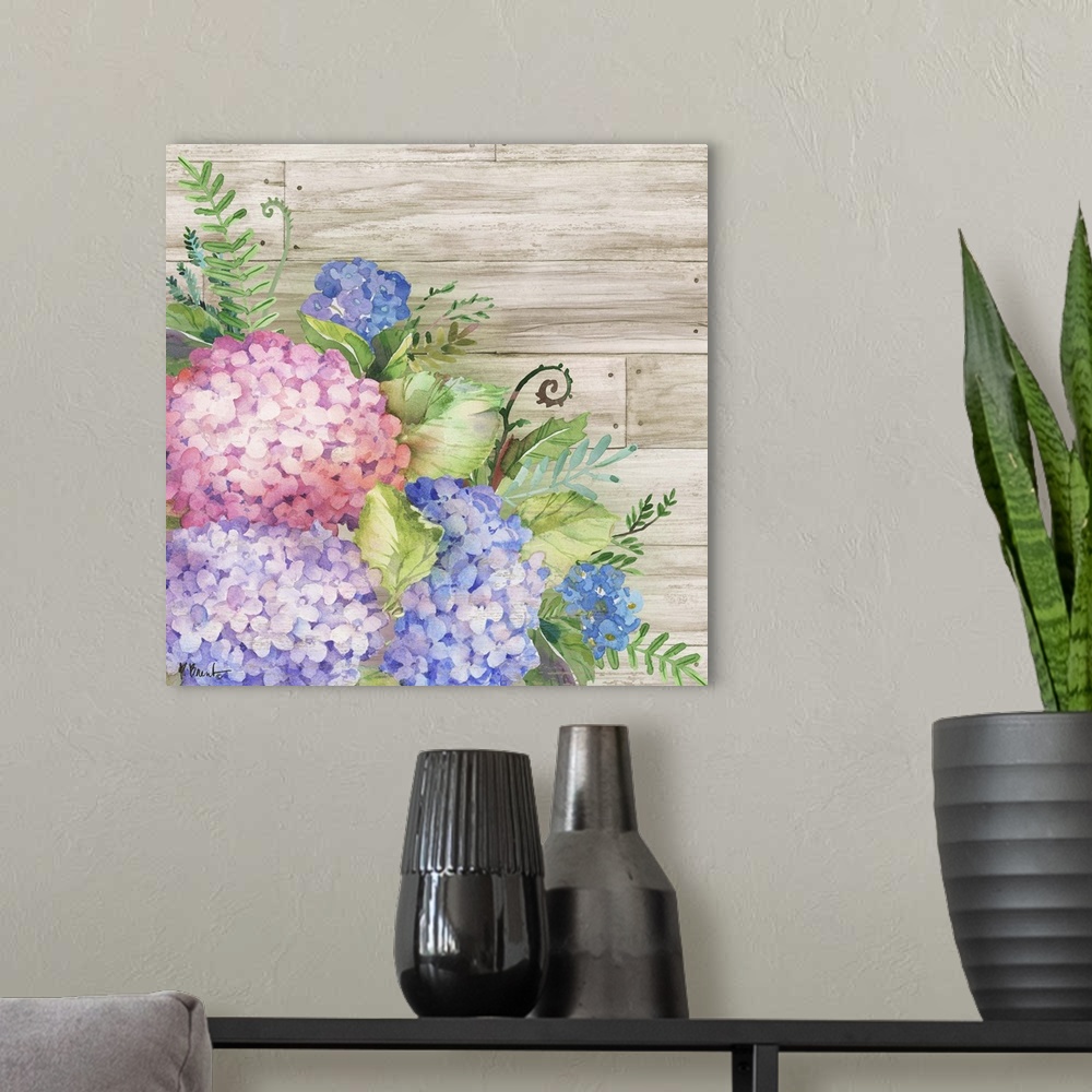 A modern room featuring Square decor with watercolor painted hydrangeas on a faux wood plank background.