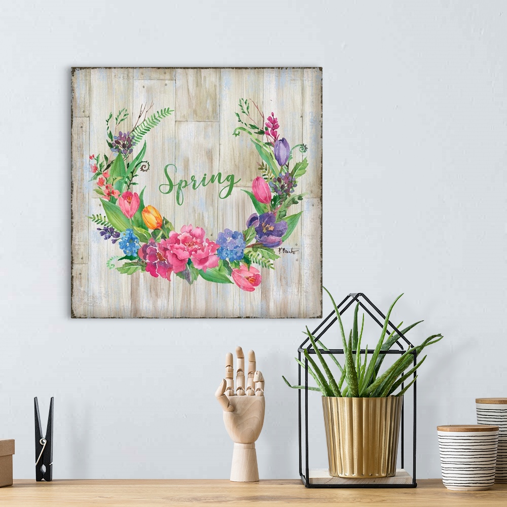 A bohemian room featuring Square decor with a wreath made of Spring flowers and greens on a faux wood background with "Spri...