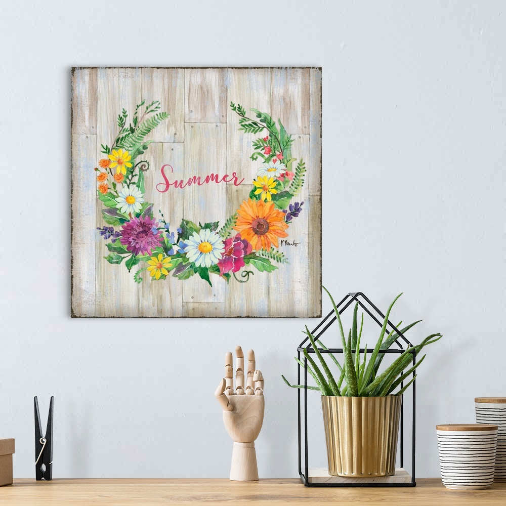A bohemian room featuring Square decor with a wreath made of Summer flowers and greens on a faux wood background with "Summ...
