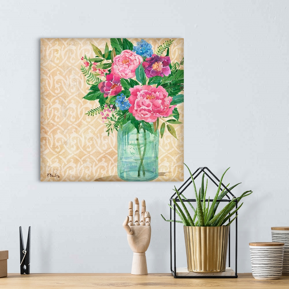 A bohemian room featuring Square watercolor painting of beautiful flowers in a glass vase on a beige and white patterned ba...
