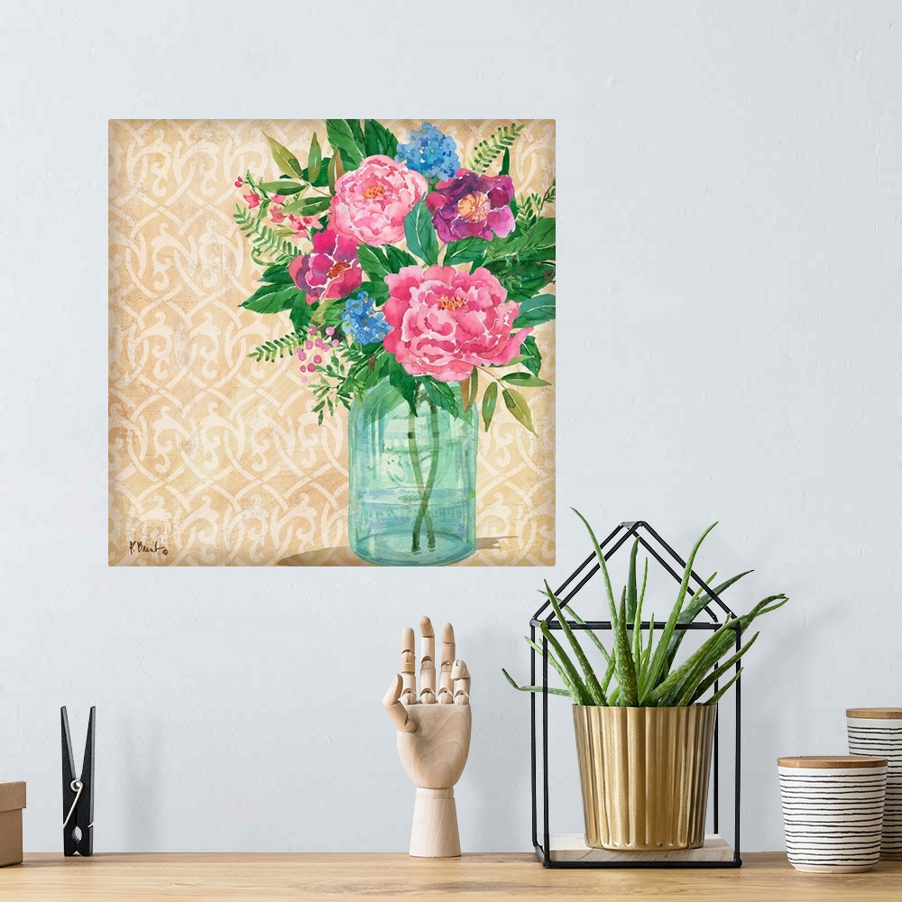 A bohemian room featuring Square watercolor painting of beautiful flowers in a glass vase on a beige and white patterned ba...
