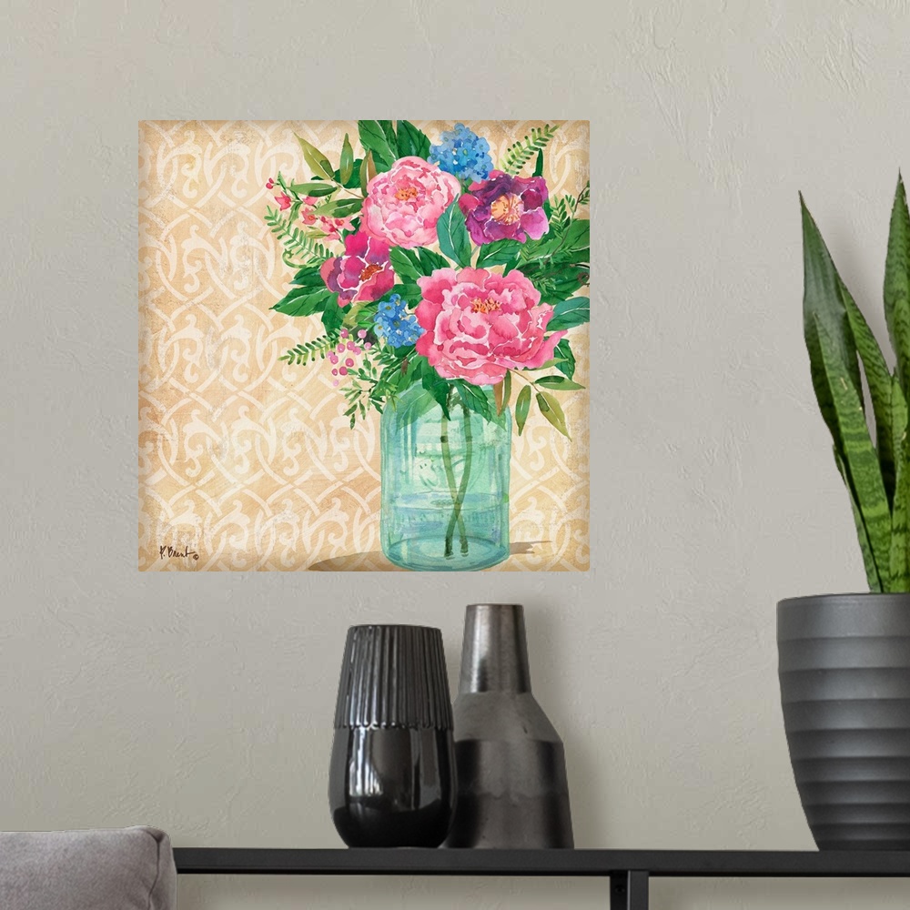 A modern room featuring Square watercolor painting of beautiful flowers in a glass vase on a beige and white patterned ba...