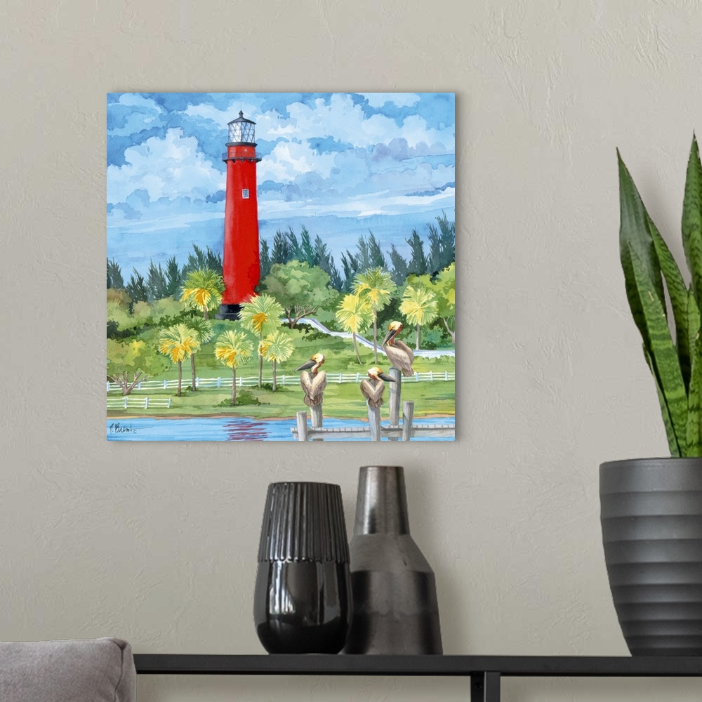 A modern room featuring Watercolor painting of a bright red lighthouse overlooking three pelicans perched on a pier.