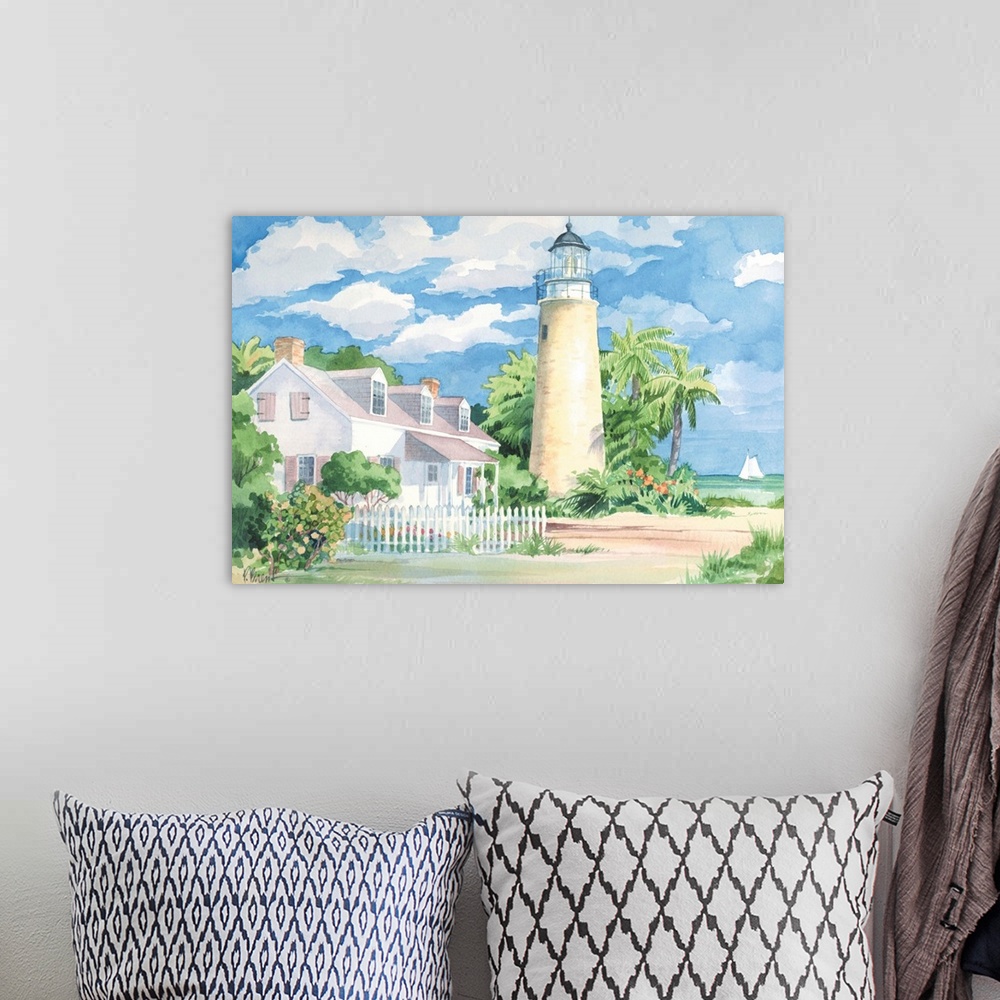 A bohemian room featuring Watercolor painting of a lighthouse next to a beach house on the shore with palm trees and puffy ...