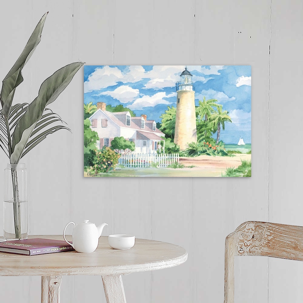 A farmhouse room featuring Watercolor painting of a lighthouse next to a beach house on the shore with palm trees and puffy ...