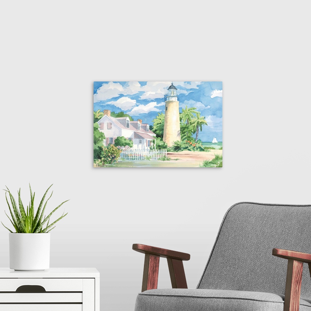 A modern room featuring Watercolor painting of a lighthouse next to a beach house on the shore with palm trees and puffy ...