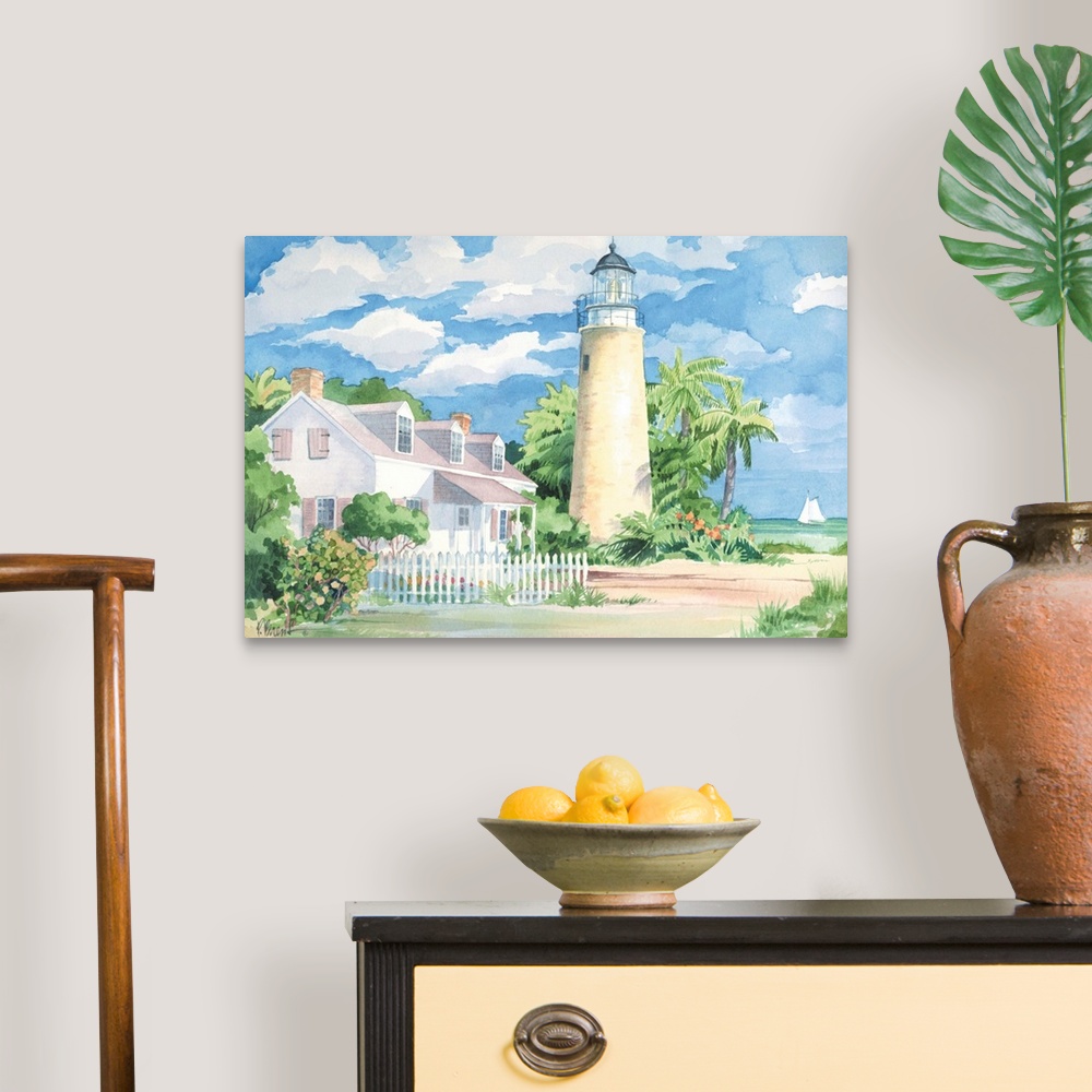 A traditional room featuring Watercolor painting of a lighthouse next to a beach house on the shore with palm trees and puffy ...
