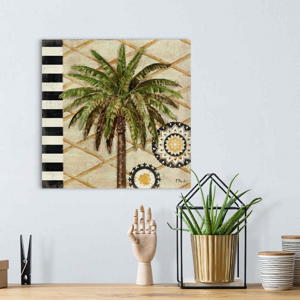 A bohemian room featuring Painting of a palm tree with long fronds with black and white stripes and a gold pattern.