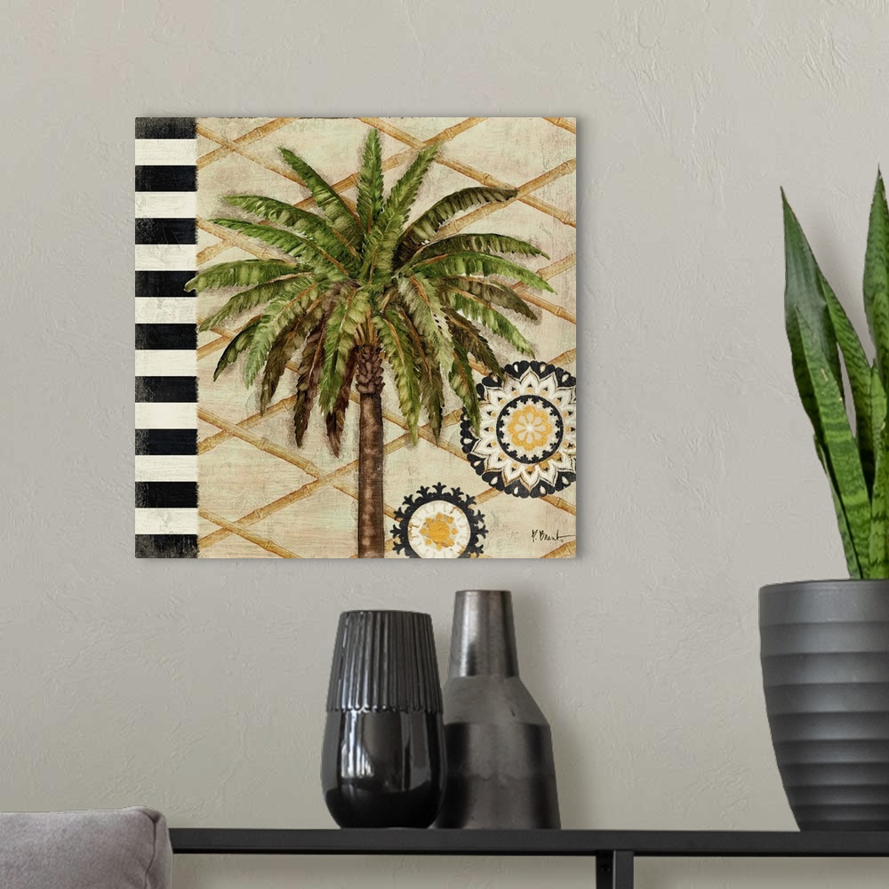 A modern room featuring Painting of a palm tree with long fronds with black and white stripes and a gold pattern.
