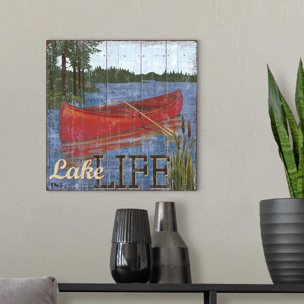 A modern room featuring Decorative art of a canoe on a lake in the mountains on a textured panel background.