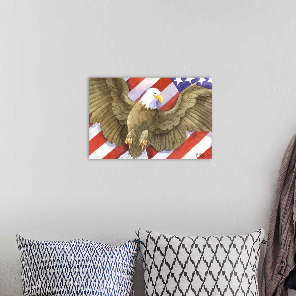 A bohemian room featuring Watercolor painting of a majestic bald eagle flying in front of an American Flag.