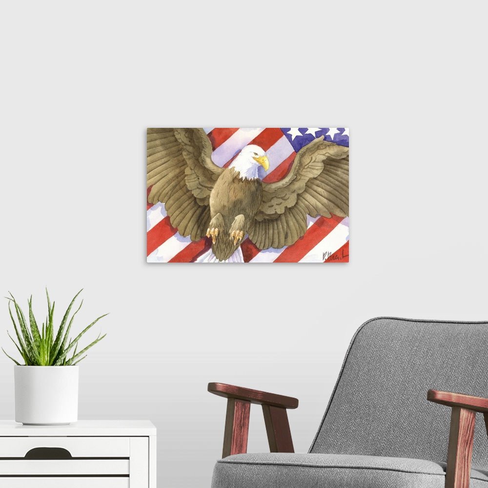A modern room featuring Watercolor painting of a majestic bald eagle flying in front of an American Flag.