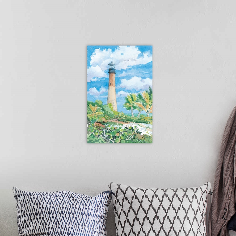 A bohemian room featuring Watercolor painting of a lighthouse against a cloudy sky on a tropical beach.