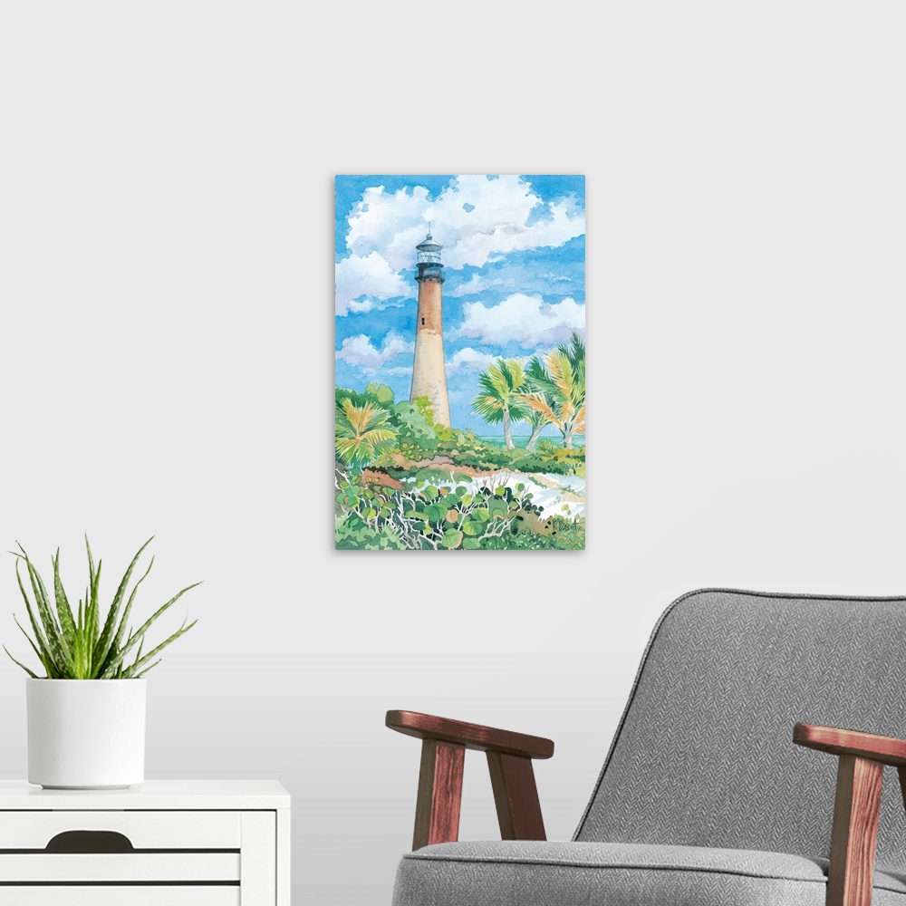 A modern room featuring Watercolor painting of a lighthouse against a cloudy sky on a tropical beach.