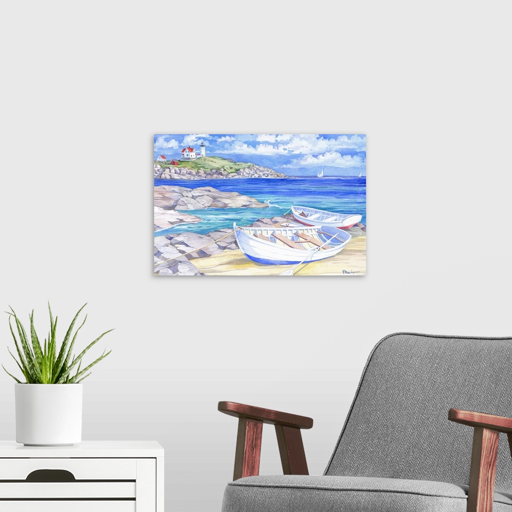 A modern room featuring Watercolor painting of two boats on the rocky shore with a lighthouse in the distance.