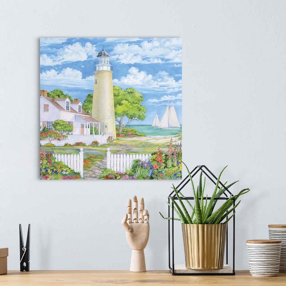 A bohemian room featuring Contemporary watercolor painting of a coastal scene, with a lighthouse and a colorful garden.