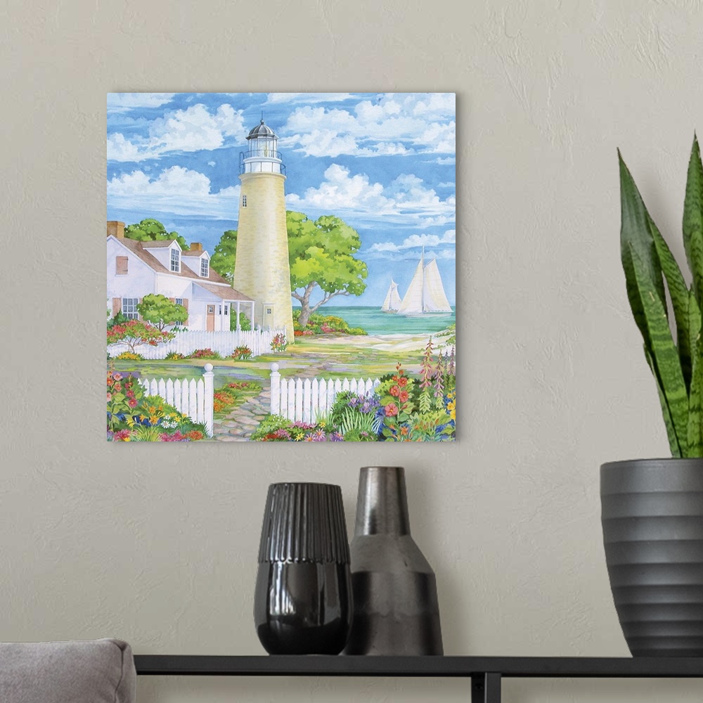 A modern room featuring Contemporary watercolor painting of a coastal scene, with a lighthouse and a colorful garden.