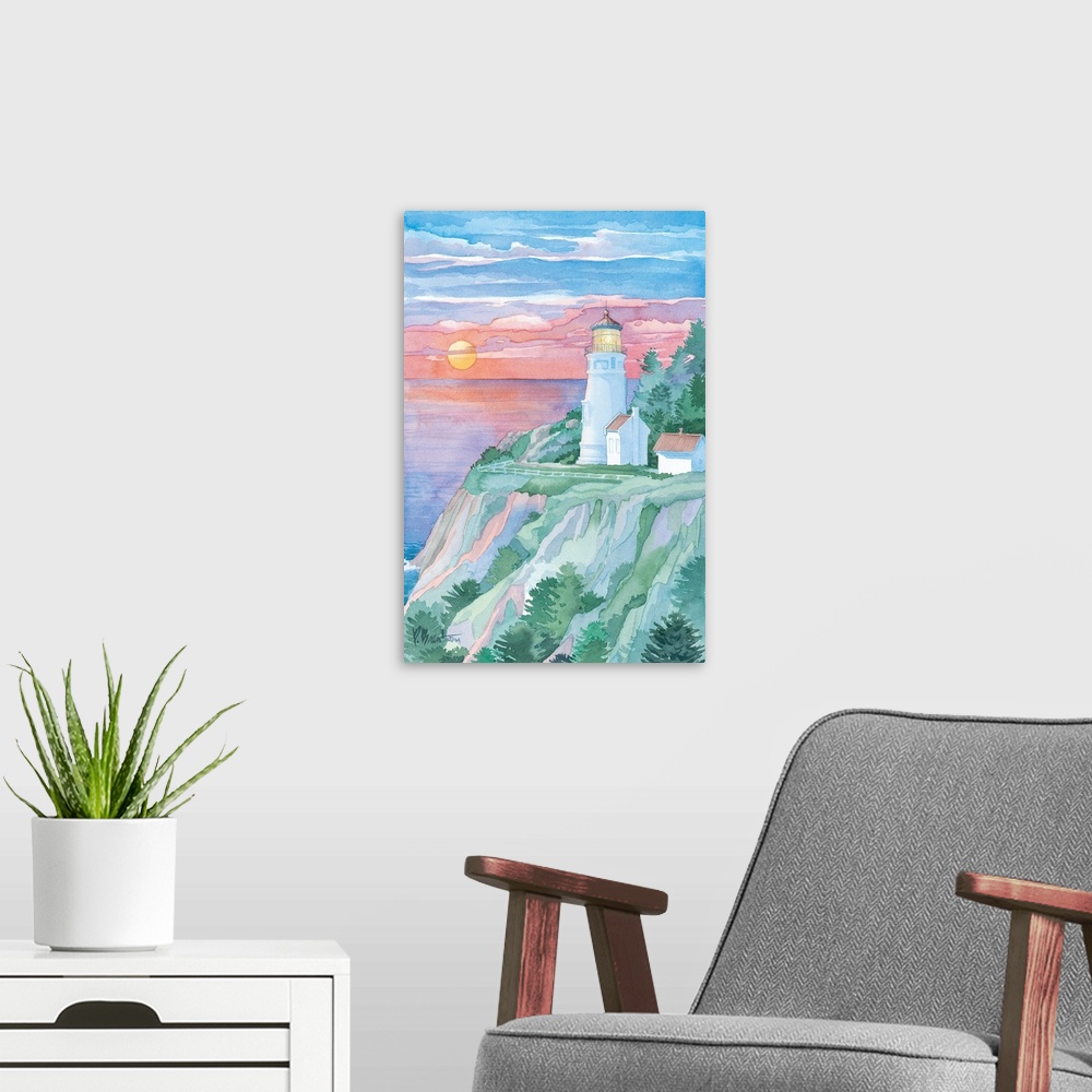 A modern room featuring Watercolor painting of a lighthouse in Oregon at sunset on a cliff.