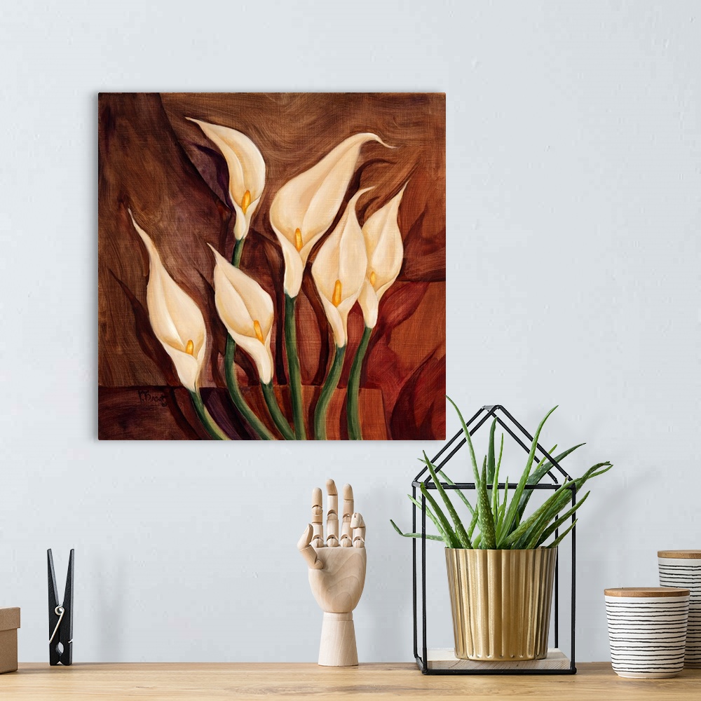 A bohemian room featuring Contemporary painting of calla lilies.
