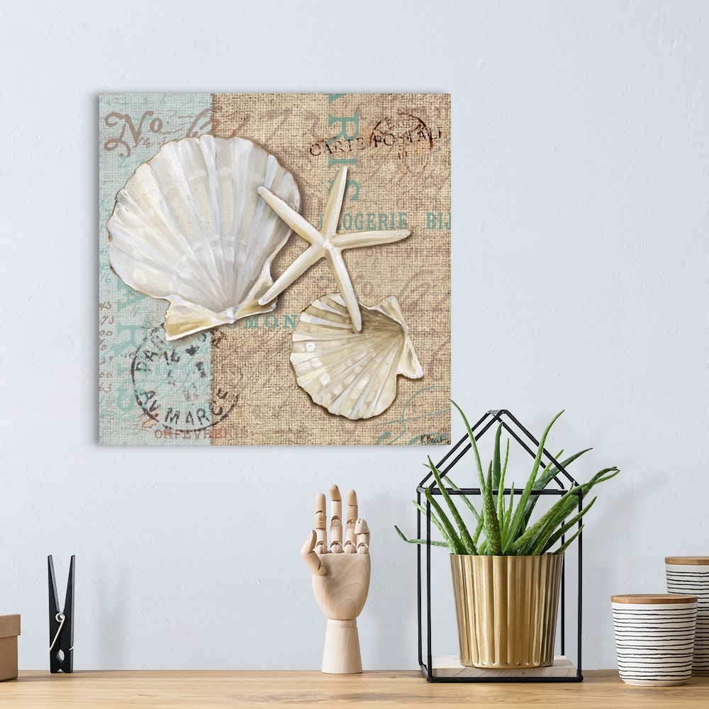A bohemian room featuring Decorative artwork of a pair of scallop shells and a starfish on a fabric-textured background wit...