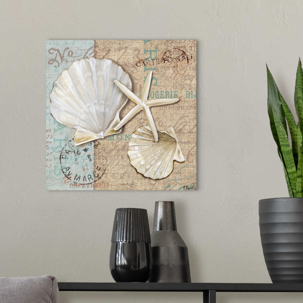 A modern room featuring Decorative artwork of a pair of scallop shells and a starfish on a fabric-textured background wit...