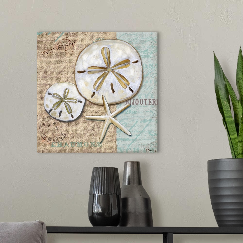 A modern room featuring Decorative artwork of a pair of sand dollars and a starfish on a fabric-textured background with ...