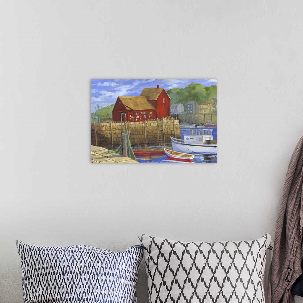 A bohemian room featuring Contemporary painting of a New England lobster shack at a harbor with boats.