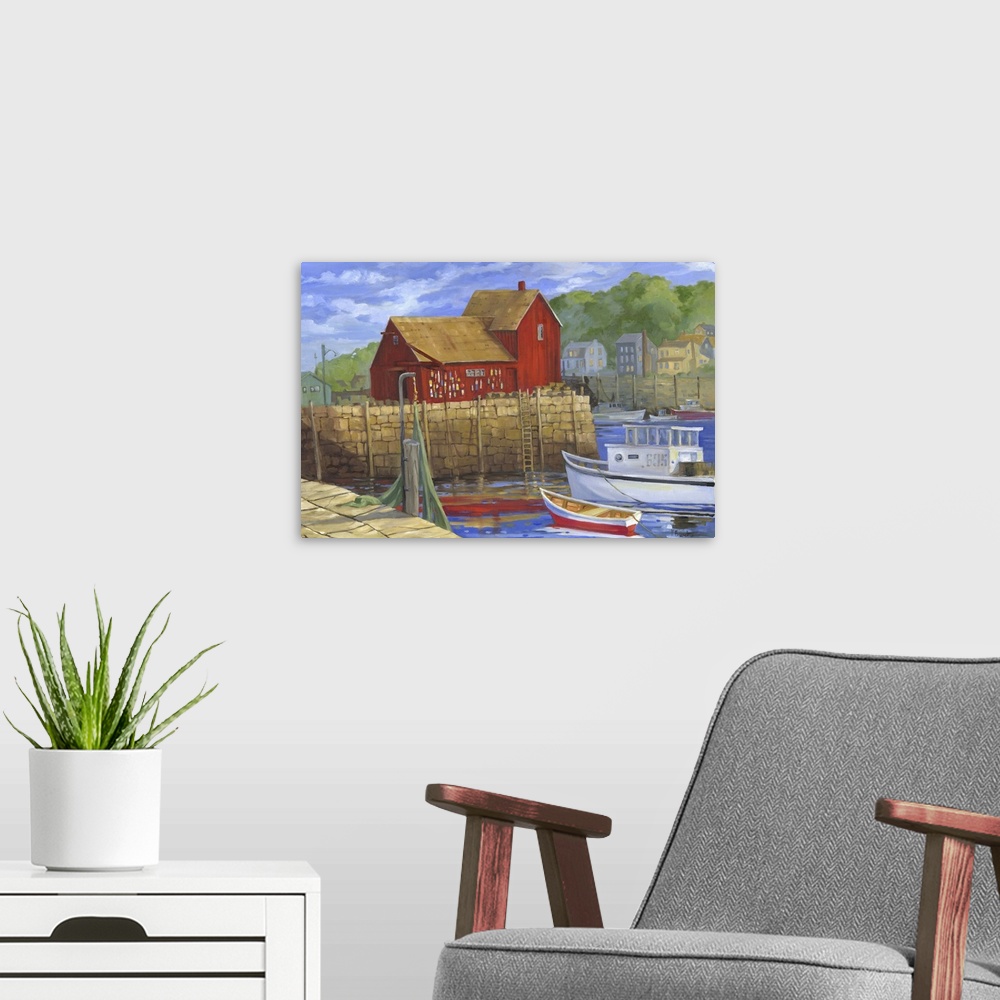 A modern room featuring Contemporary painting of a New England lobster shack at a harbor with boats.