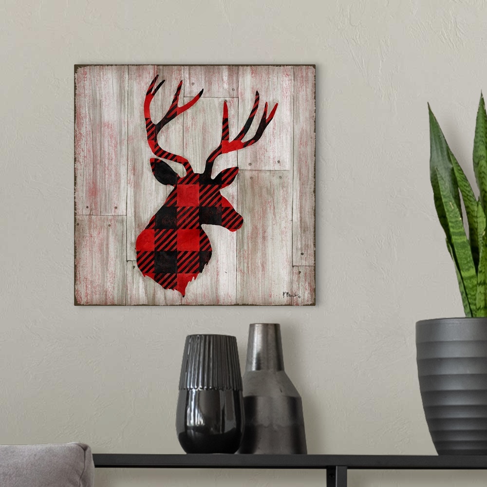 A modern room featuring Square cabin decor with a red and black flannel patterned silhouette of a deer on a faux distress...