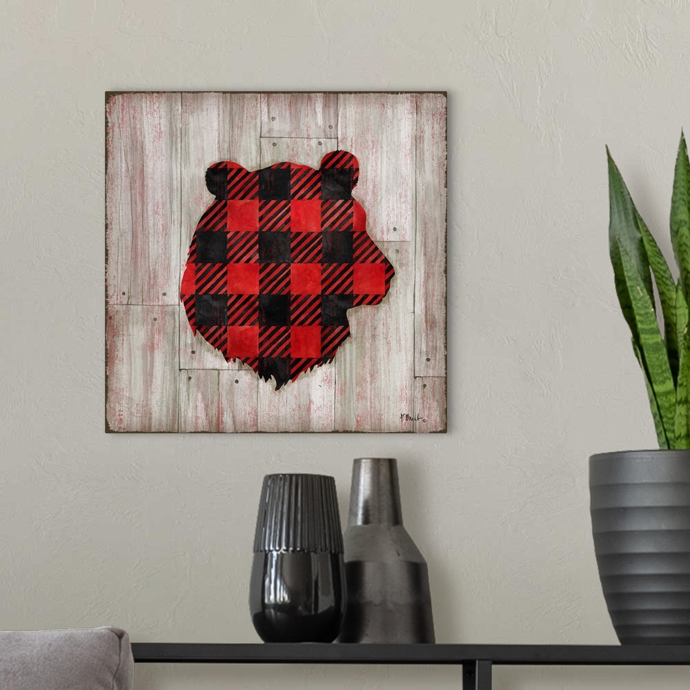 A modern room featuring Square cabin decor with a red and black flannel patterned silhouette of a bear on a faux distress...