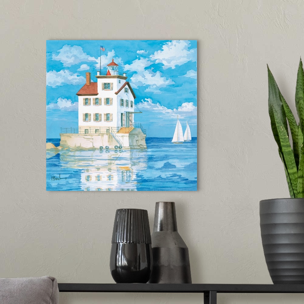 A modern room featuring Contemporary painting of a lighthouse reflected in Lake Erie.