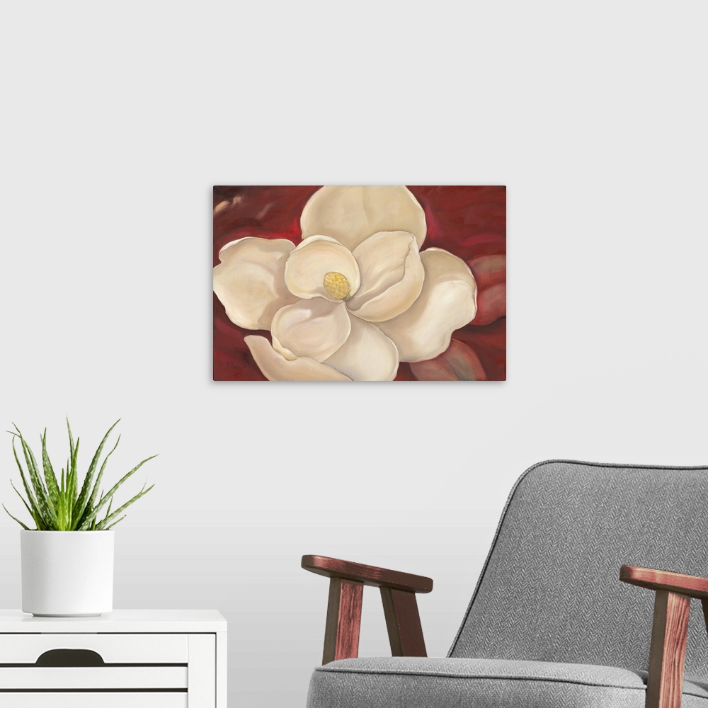 A modern room featuring Contemporary painting of a magnolia flower with broad petals.