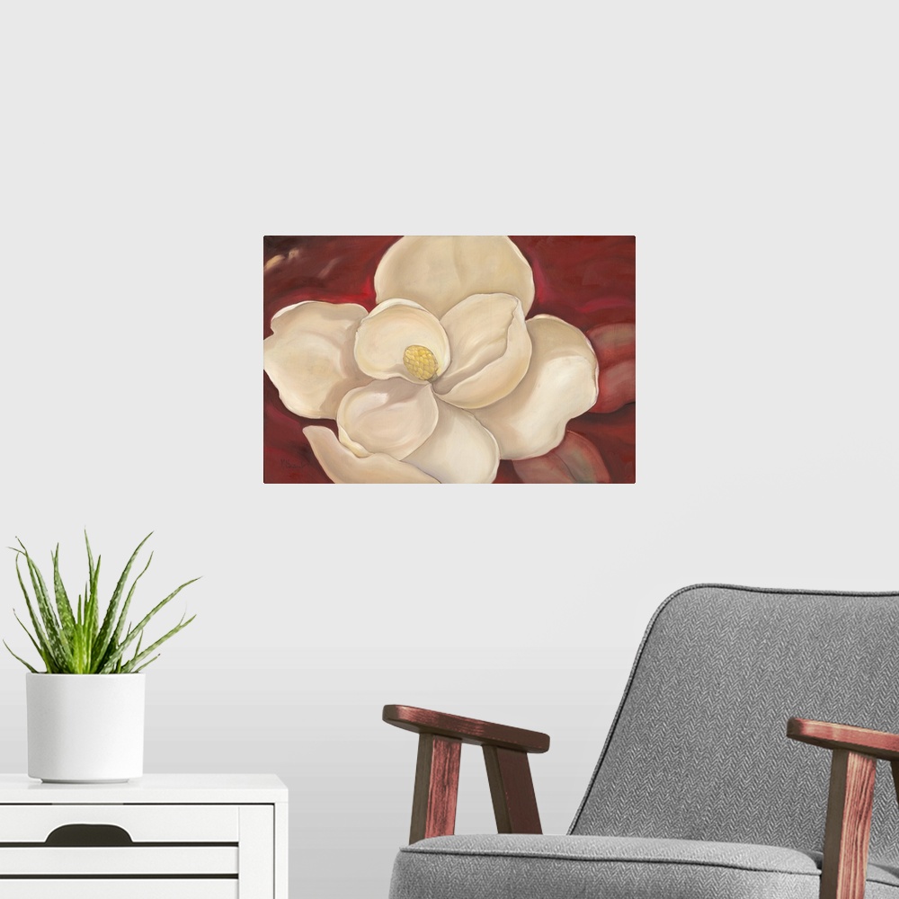 A modern room featuring Contemporary painting of a magnolia flower with broad petals.