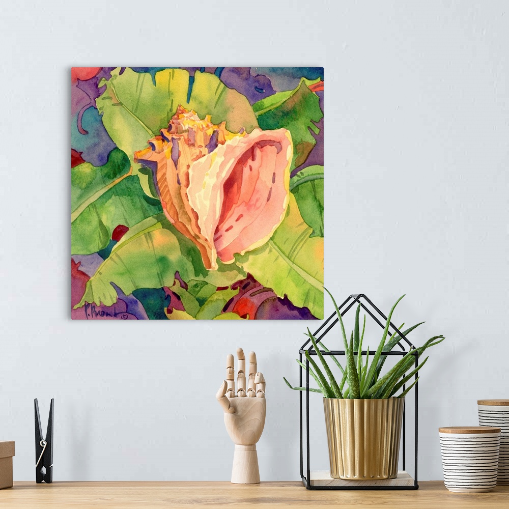 A bohemian room featuring Contemporary painting of a conch shell resting on a bed of tropical leaves.