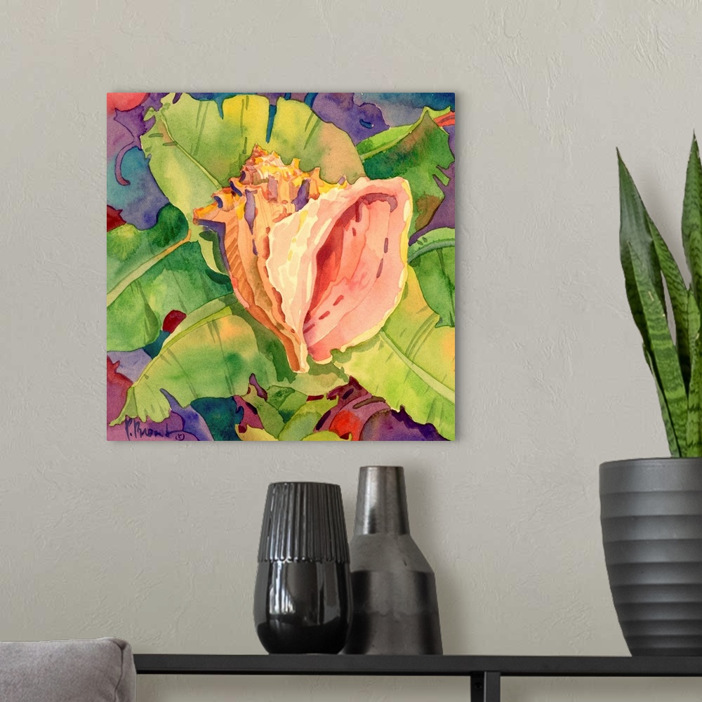 A modern room featuring Contemporary painting of a conch shell resting on a bed of tropical leaves.