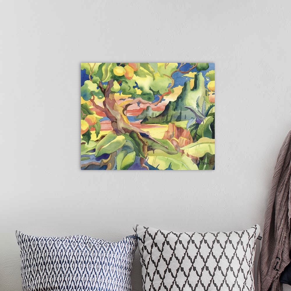 A bohemian room featuring Tropical painting of a large mango tree near a rocky mountain.