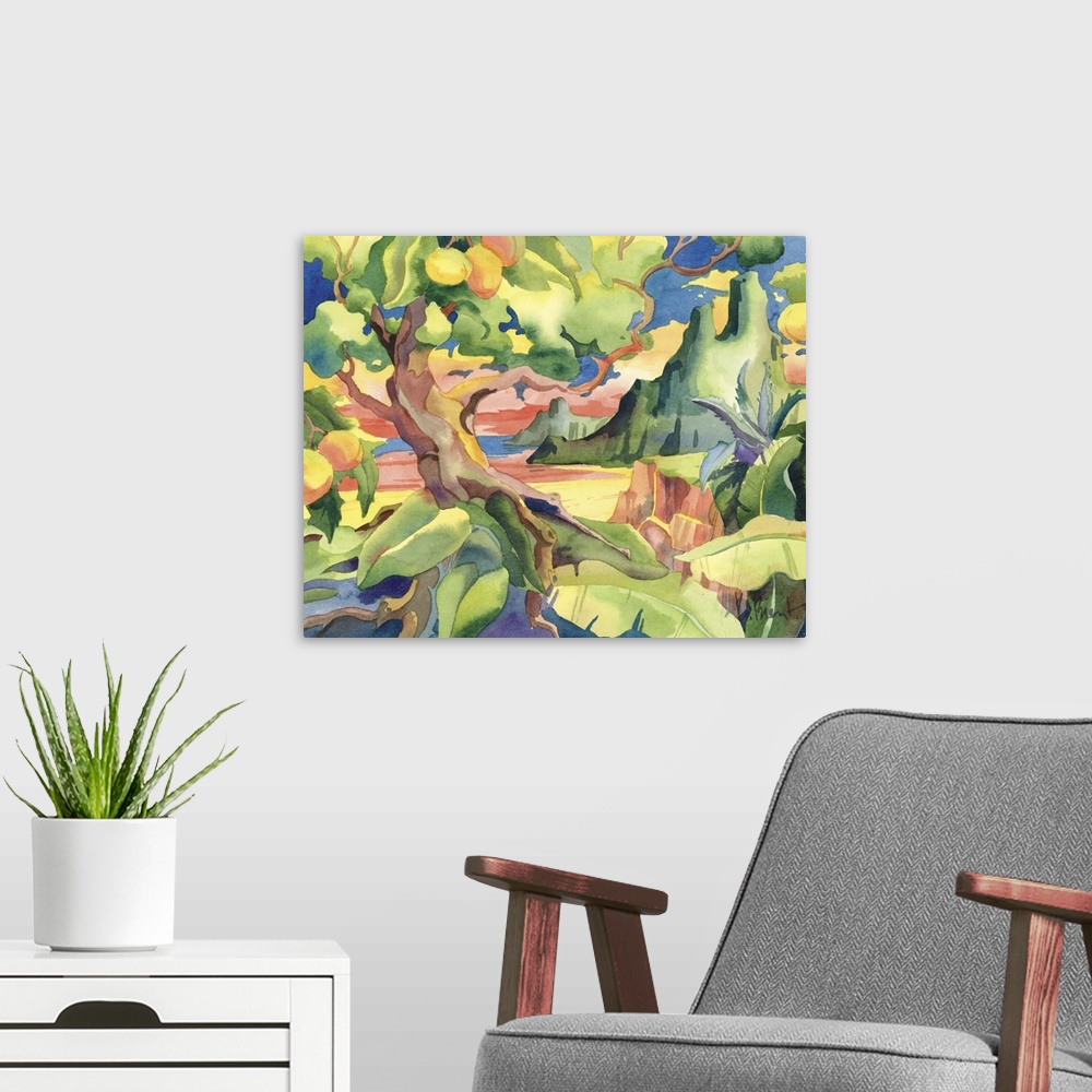 A modern room featuring Tropical painting of a large mango tree near a rocky mountain.