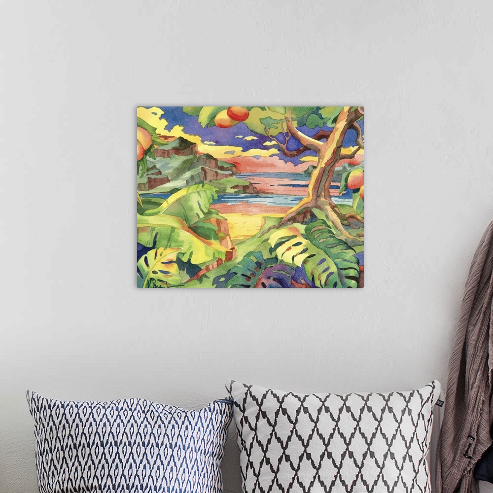 A bohemian room featuring Tropical painting of a large mango tree near a sandy beach.