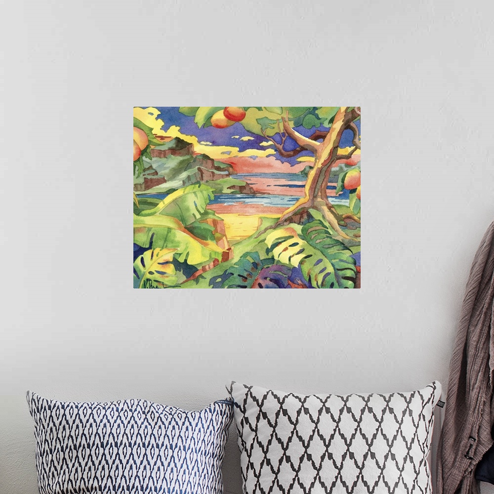 A bohemian room featuring Tropical painting of a large mango tree near a sandy beach.