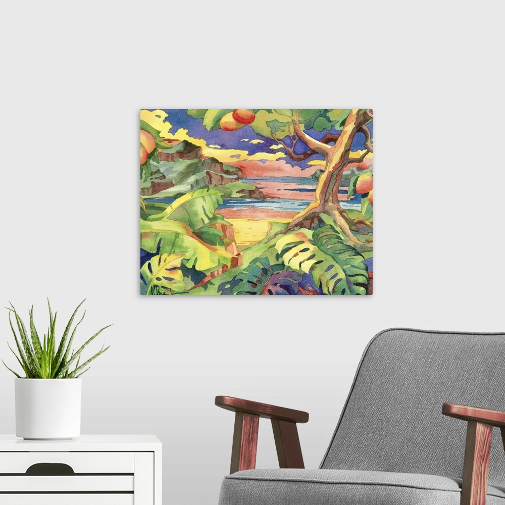 A modern room featuring Tropical painting of a large mango tree near a sandy beach.