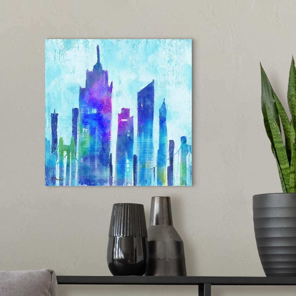 A modern room featuring Watercolor skyline of buildings in New York city in blue and purple tones.