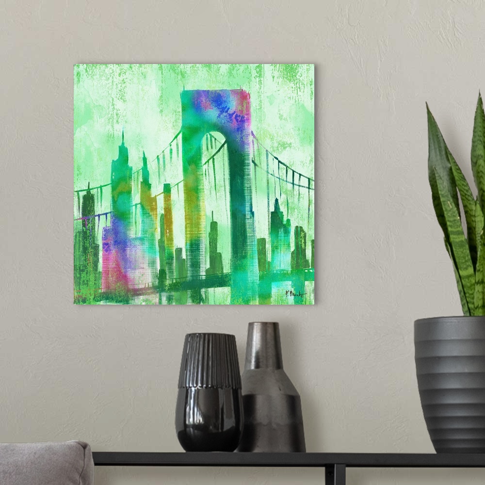 A modern room featuring Watercolor skyline of buildings and the Brooklyn Bridge in New York city in green and purple tones.