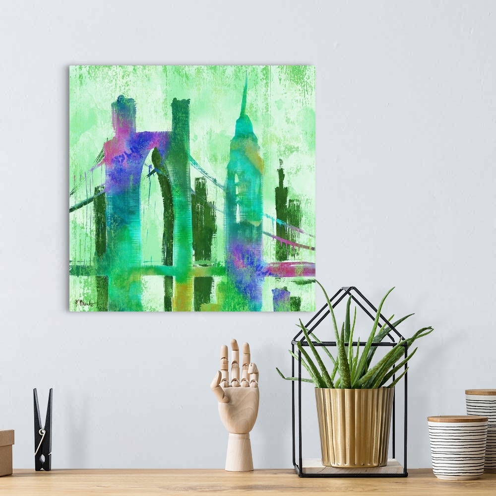 A bohemian room featuring Watercolor skyline of buildings and the Manhattan Bridge in New York city in green and purple tones.