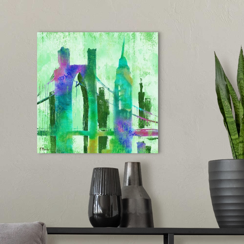 A modern room featuring Watercolor skyline of buildings and the Manhattan Bridge in New York city in green and purple tones.